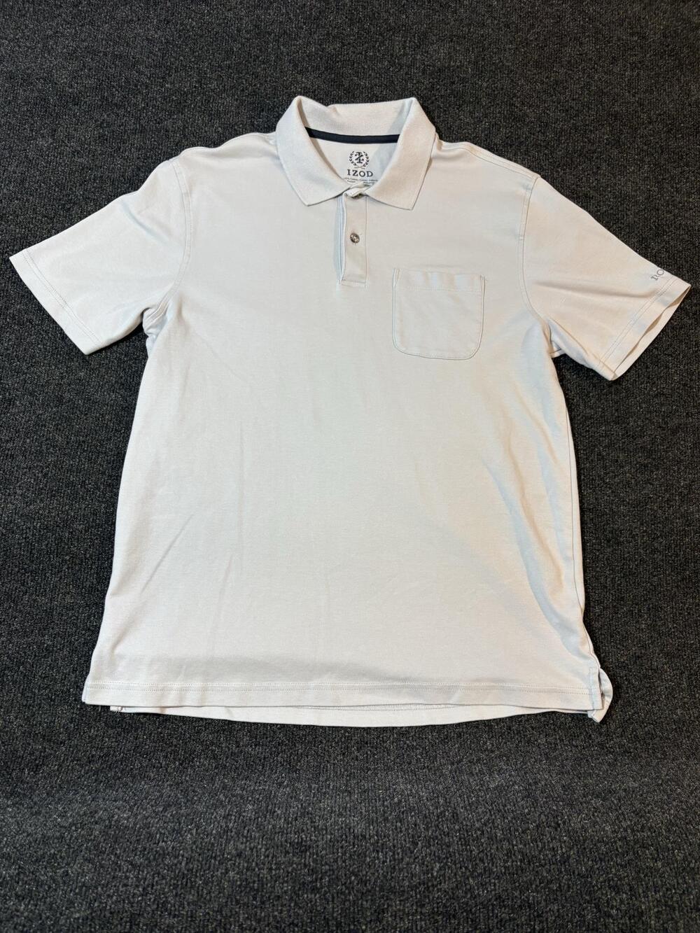 IZOD Polo Shirt Mens L Gray Pocket 100% Cotton Short Sleeve Knit Casual